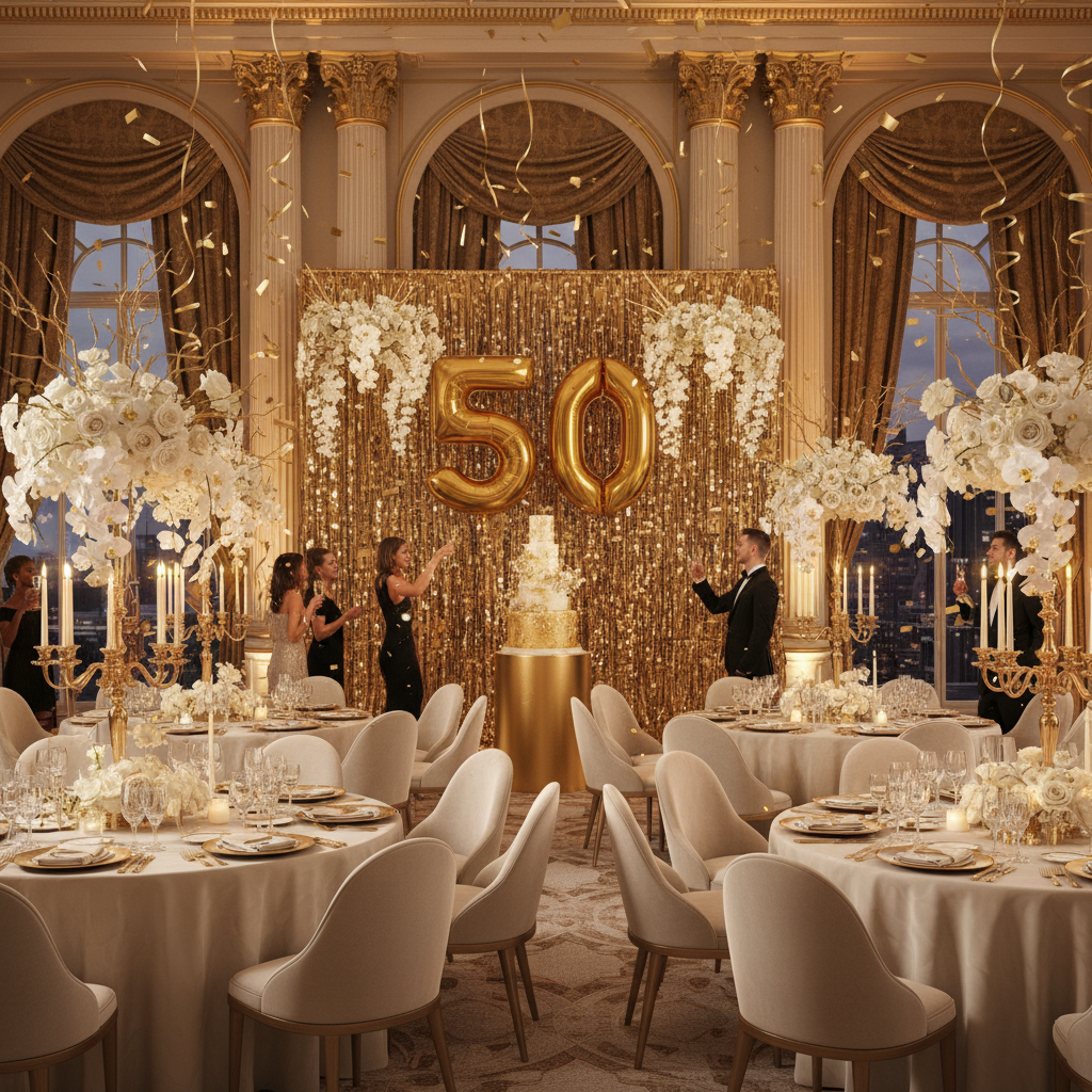 Elegant ballroom set for a 50th celebration with gold balloons, floral arrangements, and formal tables.