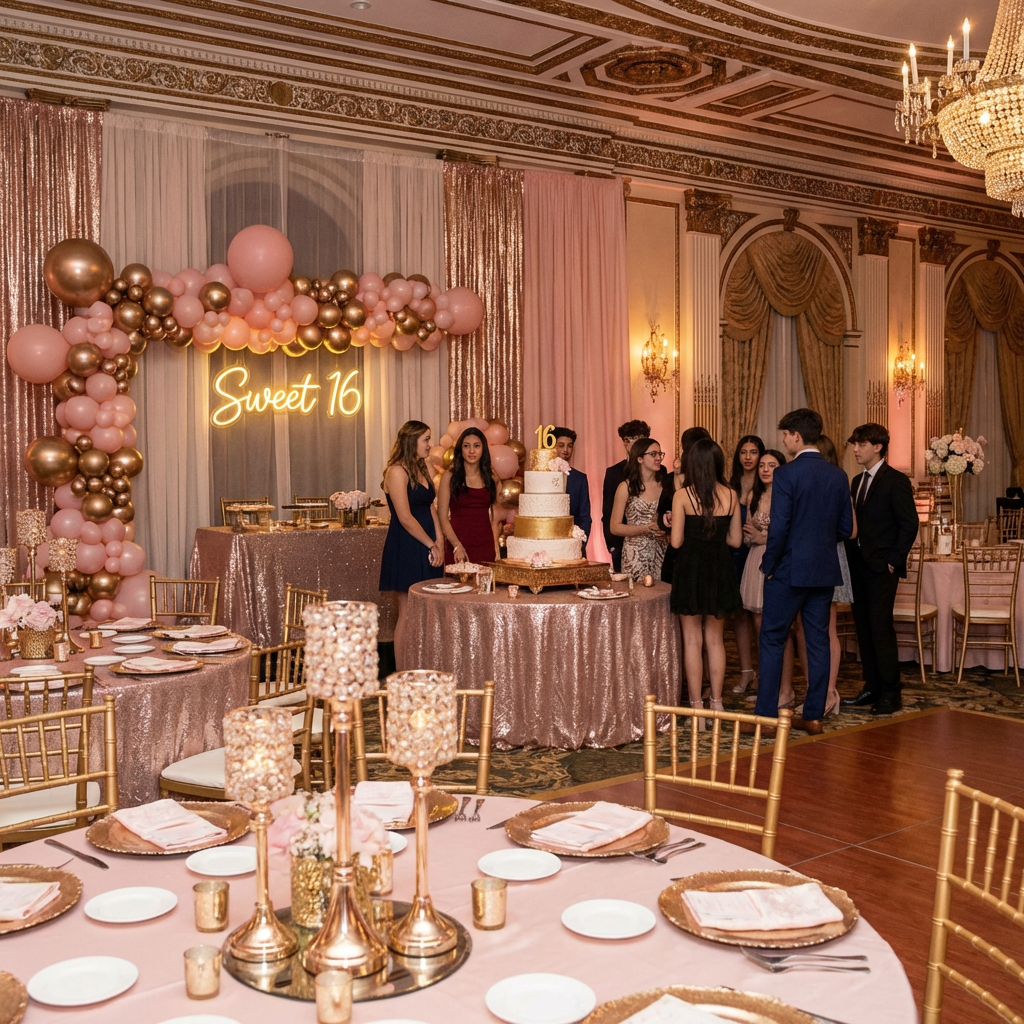 Teenagers celebrating a sweet sixteen birthday in a grand ballroom with pink and gold decorations.