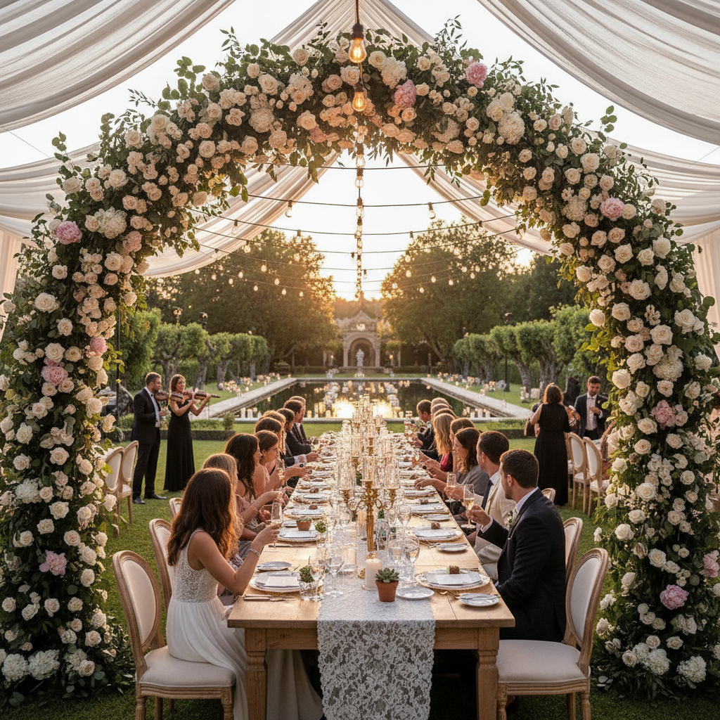Outdoor wedding reception with guests seated at a long table under a large floral arch.