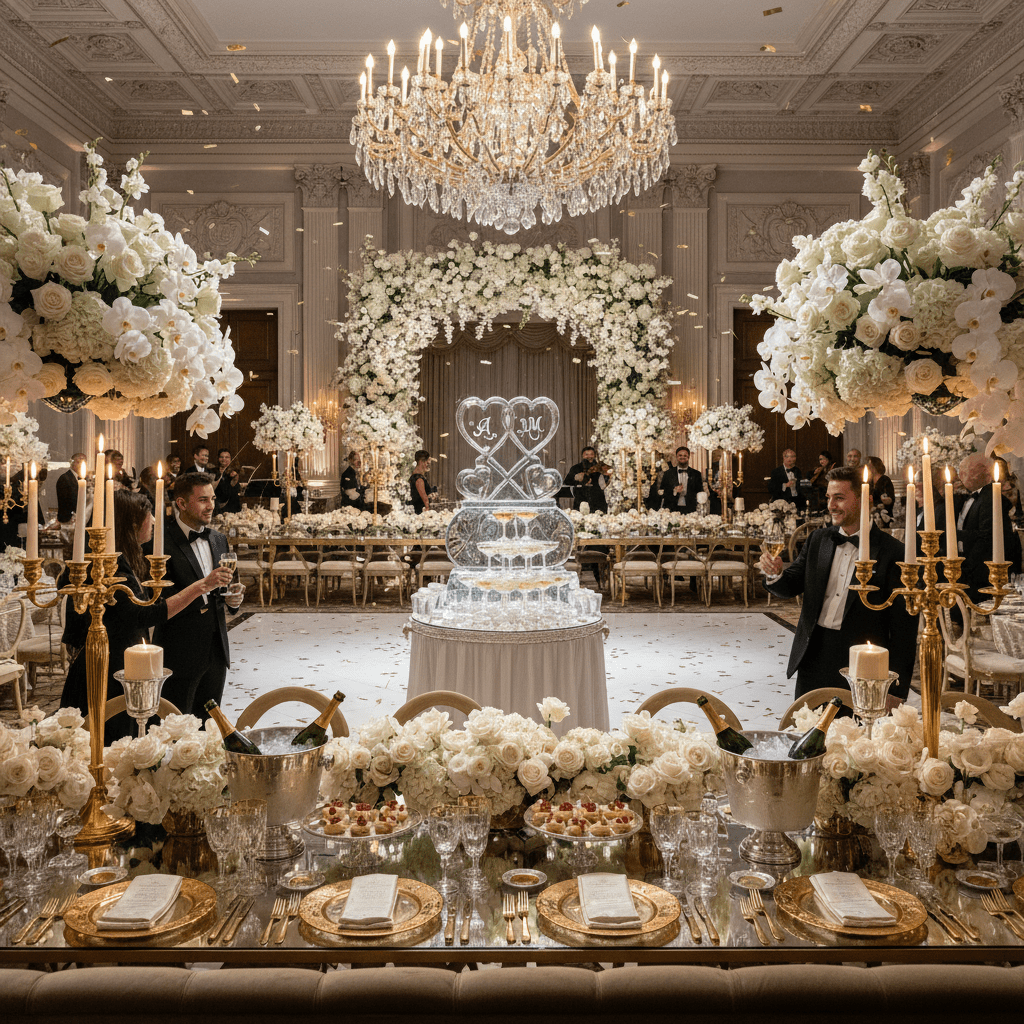 Luxurious wedding reception featuring white floral arrangements, gold table settings, and a central ice sculpture.