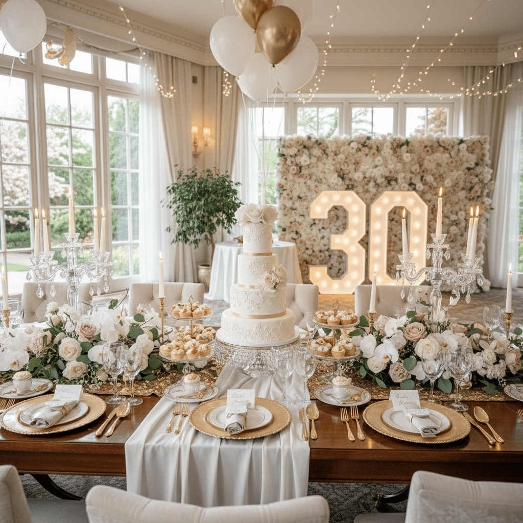 Elegant 30th birthday table setting with a tiered cake, flowers, and marquee numbers showing '30'.