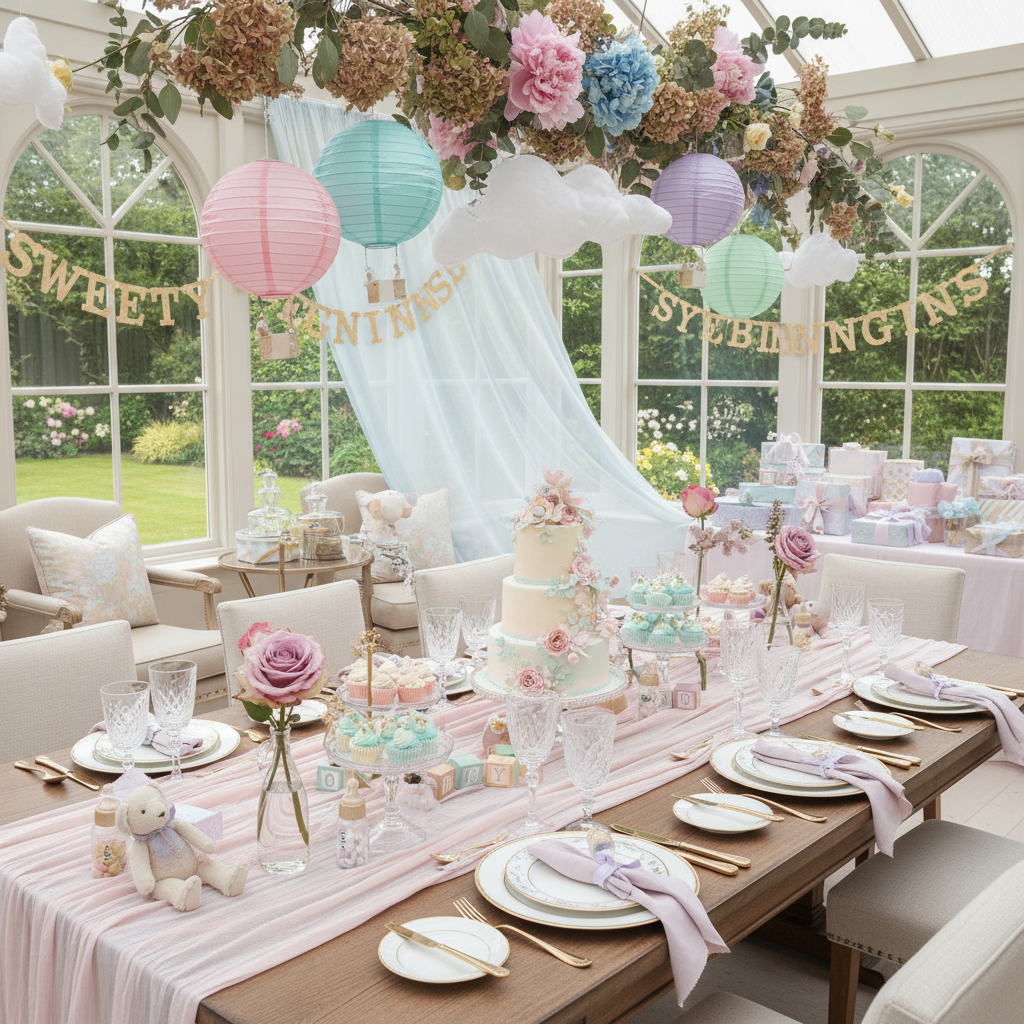 Whimsical baby shower table with tiered cake, lanterns, and banners reading SWEET ENINNSE SYEBINNINGNS.
