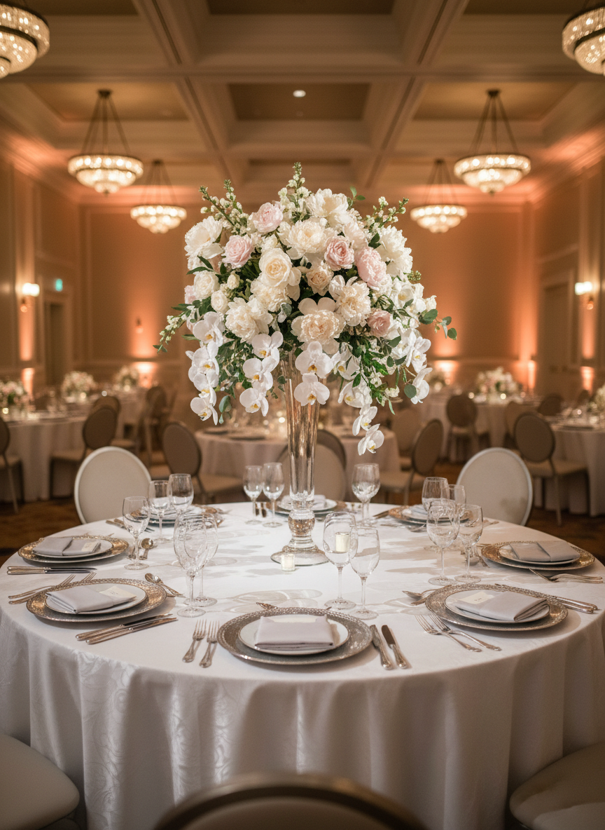 An elegantly set round event table draped in a pristine white linen cloth with a subtle sheen, crowned by a towering arrangement of cream and blush peonies, white orchids, and soft greenery in a crystal vase. Each place setting features fine bone china with a delicate platinum rim, neatly folded dove-gray napkins, and polished silver cutlery that catches the light. The table is positioned in a grand ballroom with high ceilings and soft neutral walls. Warm, diffused pendant lighting and hidden uplights create a gentle glow and soft shadows, emphasizing a calm, luxurious atmosphere. Photographic realism, shot at eye level with a shallow depth of field, keeps the centerpiece in crisp focus while the surrounding tables blur into a sophisticated bokeh.