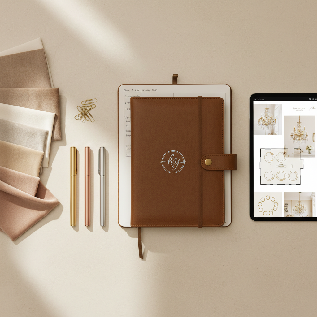 A meticulously styled planning flatlay on a pale stone tabletop featuring a leather-bound event planning notebook embossed with a subtle silver logo, fabric swatches in champagne, ivory, and dusty rose, and neatly arranged metallic pens and gold paperclips. Beside them lies a tablet displaying a minimalist event floor plan and a mood board filled with elegant décor inspiration. Soft, natural daylight filters from the left, creating delicate highlights on metallic details and gentle shadows along the notebook’s textured surface. The mood is calm, organized, and aspirational. Photographic realism with a slightly elevated, top-down angle and balanced composition emphasizes clarity and sophistication, evoking the precision and artistry of high-end event planning without any human presence.