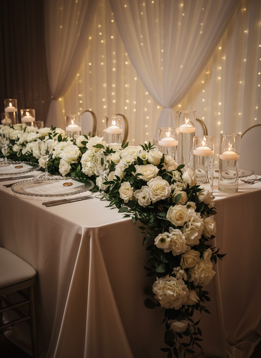 A luxurious wedding reception scene focused on a custom-designed head table draped in floor-length champagne satin with a subtle shimmer. Cascading down the center is a lush runner of white roses, hydrangeas, and eucalyptus, interspersed with tall glass cylinders holding floating candles. Crystal charger plates with beveled edges rest beneath translucent menus printed on vellum, accented with a single wax seal. The table is set against a backdrop of soft, sheer drapery illuminated by warm, golden string lights, creating a romantic glow. Photographic realism, captured from a slightly low angle to emphasize the table’s grandeur, with soft, warm lighting adding depth and refined shadows for a sophisticated, dreamlike atmosphere.