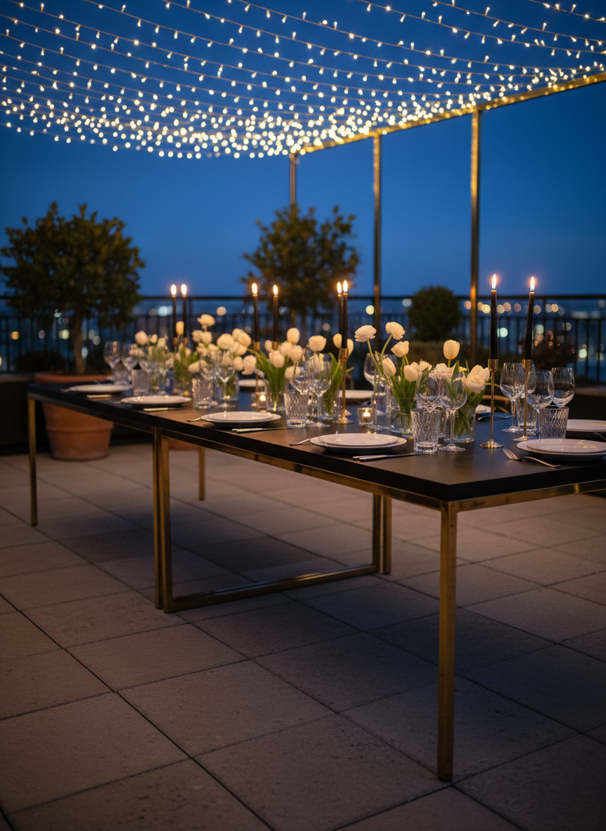 A sophisticated outdoor soirée setup on a manicured terrace at twilight, centered on a long rectangular dining table with a matte black surface and slender brass legs. The table features low, elongated arrangements of white tulips and ranunculus, interwoven with tapered black candles in slender gold holders. Crystal stemware and minimalist white plates with thin black rims are perfectly aligned. Overhead, a canopy of delicate fairy lights twinkles against a deepening blue sky, reflected in the glassware. Soft, ambient evening light combines with the warm glow of candles and string lights, creating layered highlights and gentle, elongated shadows. Photographic realism, captured from a three-quarter angle with a shallow depth of field, conveys an intimate, modern-luxury atmosphere that feels both refined and magical.